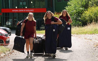 150825 - Wales Women Rugby Team - Wales’ Alex Callendar, Gwenllian Pyrs and Alaw Pyrs makes their way to the Wales Rugby World Cup Team coach as they leave their Vale headquarters to head to Manchester for the Women’s Rugby World Cup