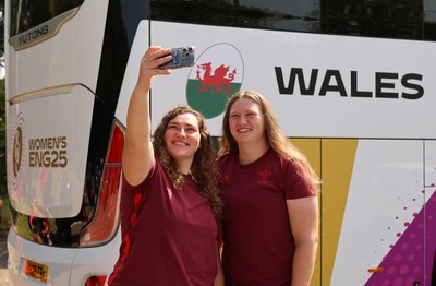 150825 - Wales Women Rugby Team - Wales players with the Wales Rugby World Cup Team coach as they leave their Vale headquarters to head to Manchester for the Women’s Rugby World Cup Left to right, Gwenllian Pyrs and Alaw Pyrs