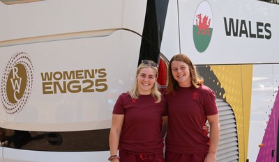 150825 - Wales Women Rugby Team - Wales players with the Wales Rugby World Cup Team coach as they leave their Vale headquarters to head to Manchester for the Women’s Rugby World Cup Left to right, Co-captians Alex Callendar and Kate Williams
