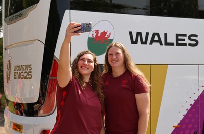 150825 - Wales Women Rugby Team - Wales players with the Wales Rugby World Cup Team coach as they leave their Vale headquarters to head to Manchester for the Women’s Rugby World Cup Left to right, Gwenllian Pyrs and Alaw Pyrs