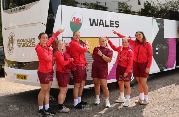 150825 - Wales Women Rugby Team - Wales players with the Wales Rugby World Cup Team coach as they leave their Vale headquarters to head to Manchester for the Women’s Rugby World Cup Left to right, Branwen Metcalfe, Seren Lockwood, Tilly Vucaj, Jenni Scoble, Meg Davies and Bryonie King