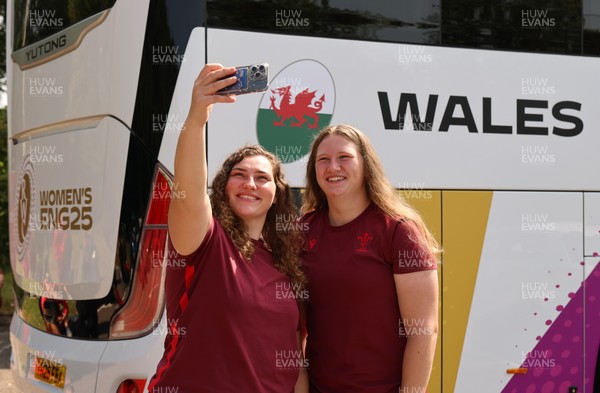 150825 - Wales Women Rugby Team - Wales players with the Wales Rugby World Cup Team coach as they leave their Vale headquarters to head to Manchester for the Women’s Rugby World Cup Left to right, Gwenllian Pyrs and Alaw Pyrs