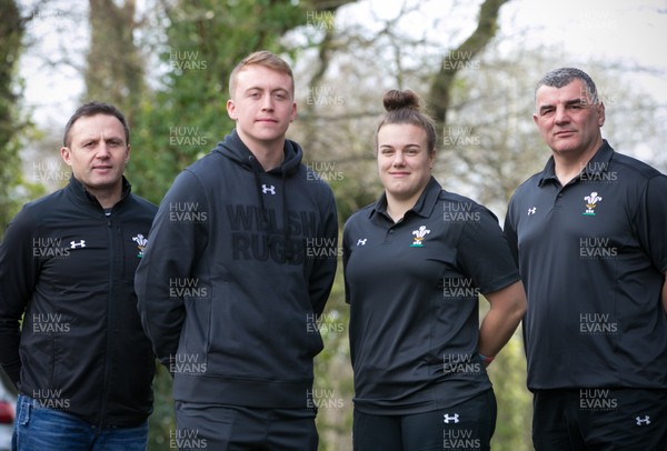 310118 - Wales Women and U20 Media Interview Session - Wales U20 captain for the game against Scotland, Tommy Reffell, with Wales Women captain Carys Phillips with Wales U20 head coach Jason Strange, left and Wales Women's coach Rowland Phillips
