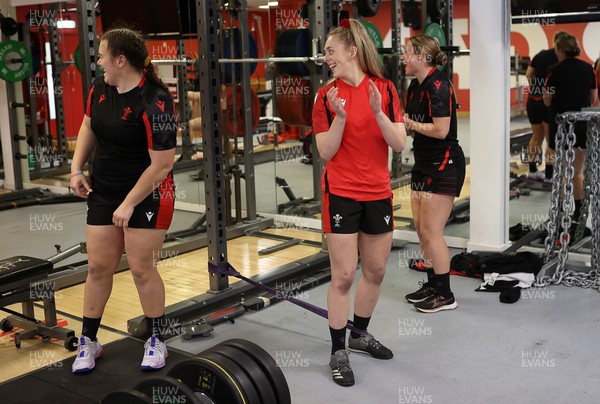 220222 - Behind the scenes with the Wales Women National Rugby team at the National Centre of Excellence at the Vale Resort Hotel - Carys Phillips, Hannah Jones and Alisha Butchers in the gym