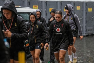 310725 - Wales Women Rugby Captain’s Run - Players and management arrive in the rain for Wales’ Captain’s Run ahead of the second test against Australia