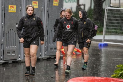 310725 - Wales Women Rugby Captain’s Run - Players and management arrive in the rain for Wales’ Captain’s Run ahead of the second test against Australia