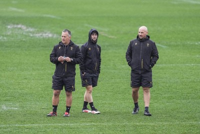 310725 - Wales Women Rugby Captain’s Run - Shaun Connor, Wales Women attack coach, Gareth Harris and Mike Hill, Wales Women forwards coach during Wales’ Captain’s Run ahead of the second test against Australia
