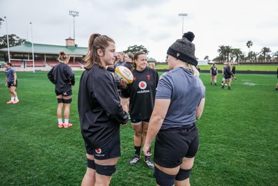 310725 - Wales Women Rugby Captain’s Run - Kate Williams, Lleucu George and Alex Callender during Wales’ Captain’s Run ahead of the second test against Australia