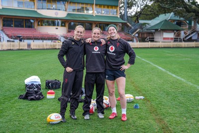 310725 - Wales Women Rugby Captain’s Run - Hannah Dallavalle, Jasmine Joyce and Lisa Neumann during Wales’ Captain’s Run ahead of the second test against Australia