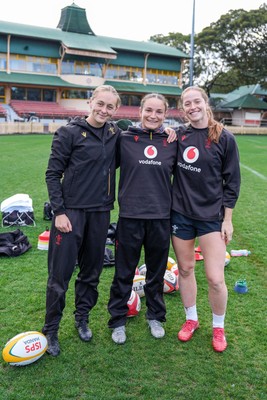 310725 - Wales Women Rugby Captain’s Run - Hannah Dallavalle, Jasmine Joyce and Lisa Neumann during Wales’ Captain’s Run ahead of the second test against Australia