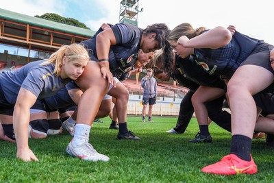 310725 - Wales Women Rugby Captain’s Run - The Wales team scrum down during Wales’ Captain’s Run ahead of the second test against Australia
