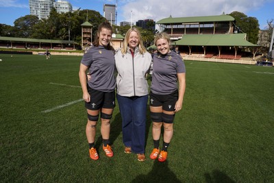 310725 - Wales Women Rugby Captain’s Run - Wales co-captains Kate Williams, left and Alex Callender with Welsh Rugby Union Chief Executive Abi Tierney during Wales’ Captain’s Run ahead of the second test against Australia