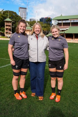 310725 - Wales Women Rugby Captain’s Run - Wales co-captains Kate Williams, left and Alex Callender with Welsh Rugby Union Chief Executive Abi Tierney during Wales’ Captain’s Run ahead of the second test against Australia