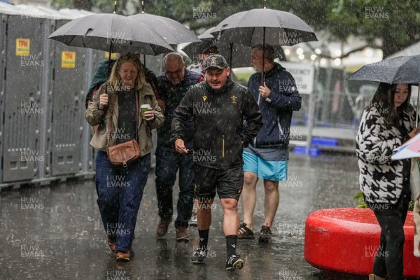 310725 - Wales Women Rugby Captain’s Run - WRU Chief Executive Abi Tierney arrives in the rain for Wales’ Captain’s Run ahead of the second test against Australia