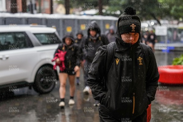 310725 - Wales Women Rugby Captain’s Run - Players and management  arrive in the rain for Wales’ Captain’s Run ahead of the second test against Australia