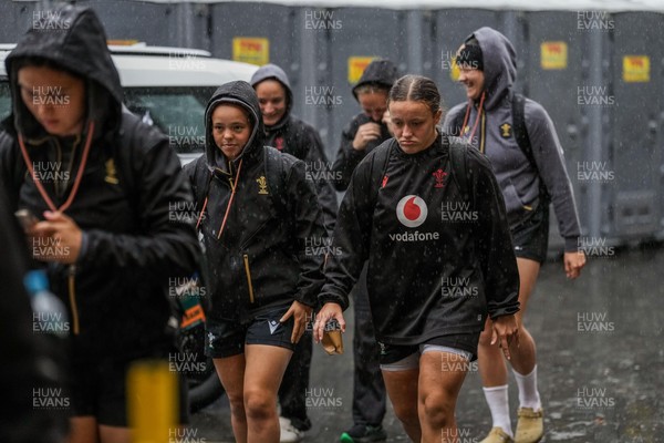 310725 - Wales Women Rugby Captain’s Run - Players and management arrive in the rain for Wales’ Captain’s Run ahead of the second test against Australia