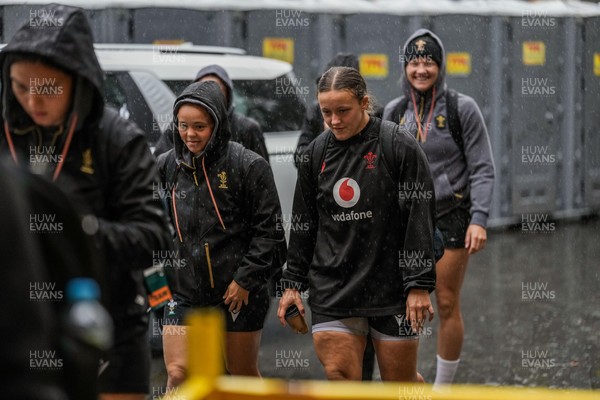 310725 - Wales Women Rugby Captain’s Run - Players and management arrive in the rain for Wales’ Captain’s Run ahead of the second test against Australia