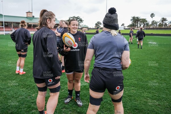 310725 - Wales Women Rugby Captain’s Run - Kate Williams, Lleucu George and Alex Callender during Wales’ Captain’s Run ahead of the second test against Australia