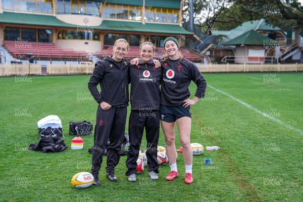 310725 - Wales Women Rugby Captain’s Run - Hannah Dallavalle, Jasmine Joyce and Lisa Neumann during Wales’ Captain’s Run ahead of the second test against Australia