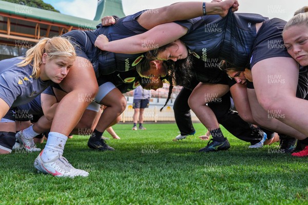 310725 - Wales Women Rugby Captain’s Run - The Wales team scrum down during Wales’ Captain’s Run ahead of the second test against Australia