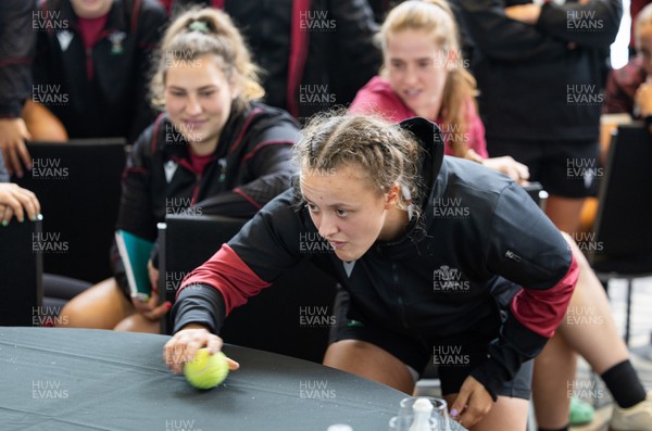 301023 - Wales Women Rugby Match Review - Lleucu George takes a shot as the Wales Women’s squad take part in a team challenge ahead of a match review of the game against New Zealand after they arrive in Auckland 