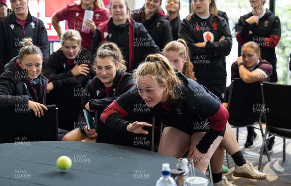301023 - Wales Women Rugby Match Review - Abbie Fleming takes a shot as the Wales Women’s squad take part in a team challenge ahead of a match review of the game against New Zealand after they arrive in Auckland 