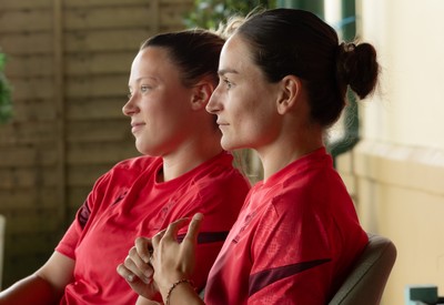 150626 - Wales Women Rugby Media Session - Alisha Joyce, left,  and Jasmine Joyce during a media session ahead of the match against The Barbarians at the Allianz Stadium