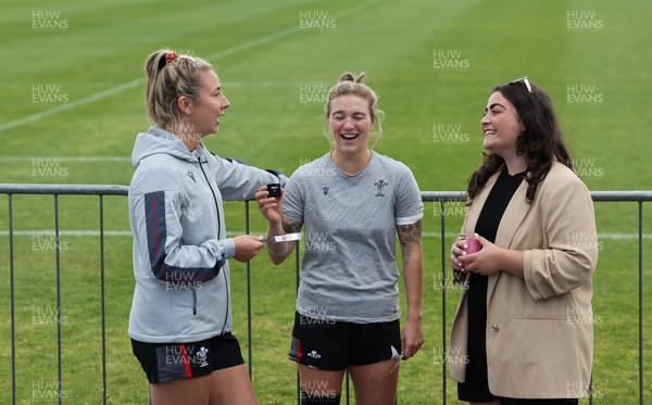 111022 - Wales Women Rugby Training Session - Wales’ Elinor Snowsill and Keira Bevan are interviewed after a training session ahead of their Women’s Rugby World Cup match against New Zealand