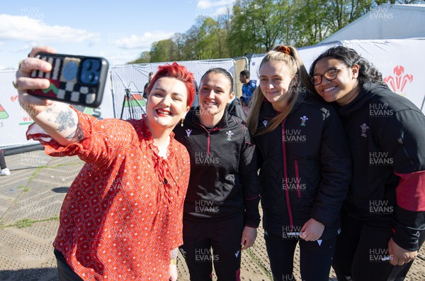 190424 - Wales Women Rugby Media session - Bronwen Lewis with Wales international stars Kayleigh Powell, Hannah Jones and Sisilia Tuipulotu during a media session held at the Urdd WRU 7s ahead of Wales’ Guinness 6 Nations match against France