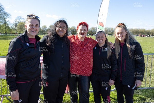 190424 - Wales Women Rugby Media session - Bronwen Lewis with Wales international stars Natalia John, Sisilia Tuipulotu, Kayleigh Powell, and Hannah Jones during a media session held at the Urdd WRU 7s ahead of Wales’ Guinness 6 Nations match against France