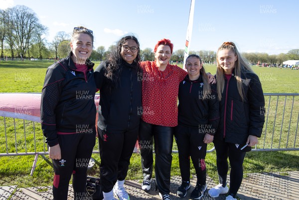 190424 - Wales Women Rugby Media session - Bronwen Lewis with Wales international stars Natalia John, Sisilia Tuipulotu, Kayleigh Powell, and Hannah Jones during a media session held at the Urdd WRU 7s ahead of Wales’ Guinness 6 Nations match against France