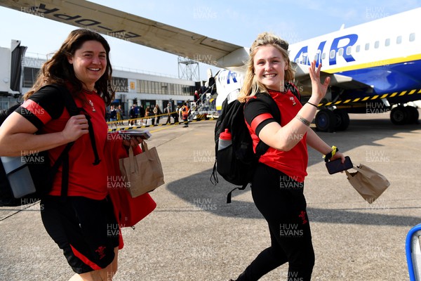 250322 - Wales Women Rugby Travel to Dublin - Robyn Wilkins and Alex Callender as the Wales squad fly to Dublin