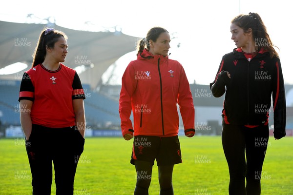 250322 - Wales Women Rugby Stadium Visit - Kayleigh Powell, Jasmine Joyce and Lisa Neumann during a stadium visit