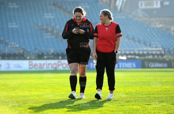 250322 - Wales Women Rugby Stadium Visit - Cerys Hale and Kelsey Jones during a stadium visit