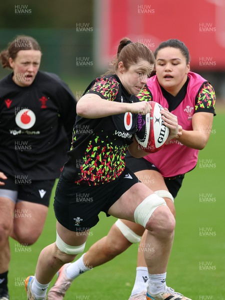 010426 - Wales Women Rugby Training Session - Kate Williams with Jorja Aiono during training ahead of the start of the Women’s 6 Nations