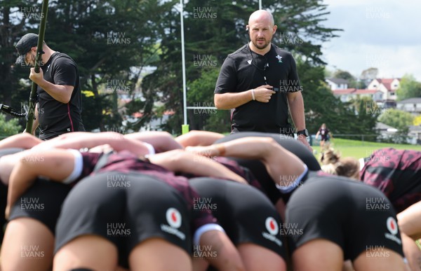 011123 - Wales Women Rugby Training Session - Forwards Coach Mike Hill works with the forwards on scrummaging during a training session ahead of their final WXV1 match against Australia