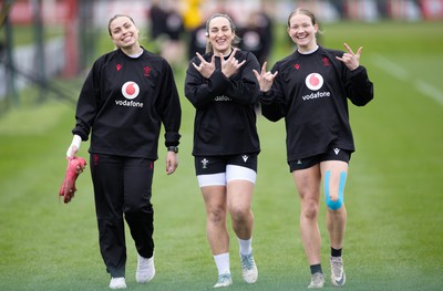 020424 - Wales Women’s Rugby Training Session - Amelia Tutt, Courtney Keight and Carys Cox during a training session ahead of Wales’ next Women’s 6 Nations match against Ireland