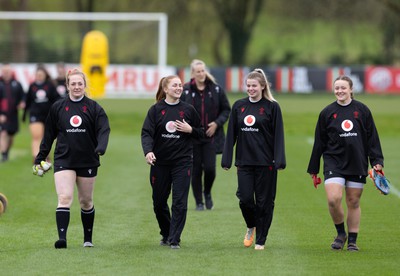 020424 - Wales Women’s Rugby Training Session - Abbie Fleming, Niamh Terry, Mollie Wilkinson and Lleucu George during a training session ahead of Wales’ next Women’s 6 Nations match against Ireland