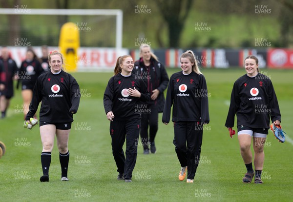 020424 - Wales Women’s Rugby Training Session - Abbie Fleming, Niamh Terry, Mollie Wilkinson and Lleucu George during a training session ahead of Wales’ next Women’s 6 Nations match against Ireland