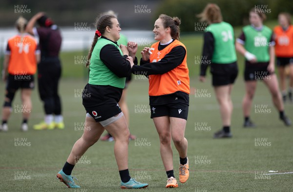 020424 - Wales Women’s Rugby Training Session - Carys Phillips and Jenny Hesketh warms up with a game of football during a training session ahead of Wales’ next Women’s 6 Nations match against Ireland
