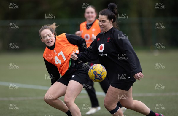 020424 - Wales Women’s Rugby Training Session - Jenny Hesketh and Shona Wakley warm up with a game of football during a training session ahead of Wales’ next Women’s 6 Nations match against Ireland