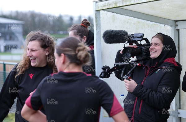 020424 - Wales Women’s Rugby Training Session - Bethan Lewis tries her hand a videography during a training session ahead of Wales’ next Women’s 6 Nations match against Ireland