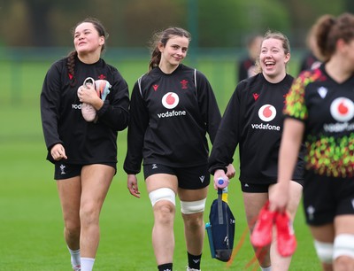 030426 - Wales Women Rugby Training session - Jorja Aiono, Branwen Metcalfe and Elan Jones during training ahead of the start of the Women’s 6 Nations
