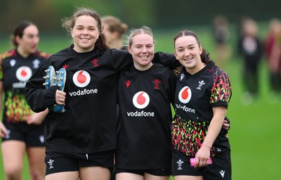 030426 - Wales Women Rugby Training session - Maisie Davies, Savannah Picton-Powell and Sian Jones during training ahead of the start of the Women’s 6 Nations