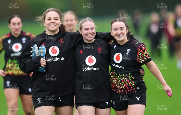 030426 - Wales Women Rugby Training session - Maisie Davies, Savannah Picton-Powell and Sian Jones during training ahead of the start of the Women’s 6 Nations