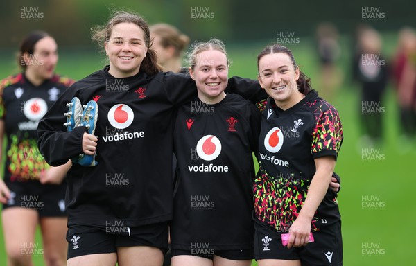 030426 - Wales Women Rugby Training session - Maisie Davies, Savannah Picton-Powell and Sian Jones during training ahead of the start of the Women’s 6 Nations