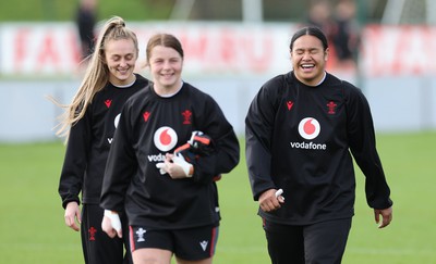 040424 - Wales Women’s Rugby Training Session -  Hannah Jones, Kate Williams and Sisilia Tuipulotu during training session ahead of Wales’ next Women’s 6 Nations match against Ireland