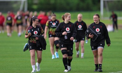 050526 - Wales Women Rugby Training Session - Kayleigh Powell, Bethan Lewis and Lleucu George during training ahead of the 6 Nations match against Ireland