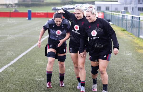 060423 -  Wales Women Rugby Squad Training session - Sioned Harries, Lowri Norkett and Kelsey Jones during a training session ahead of their TicTok Women’s 6 Nations match against England