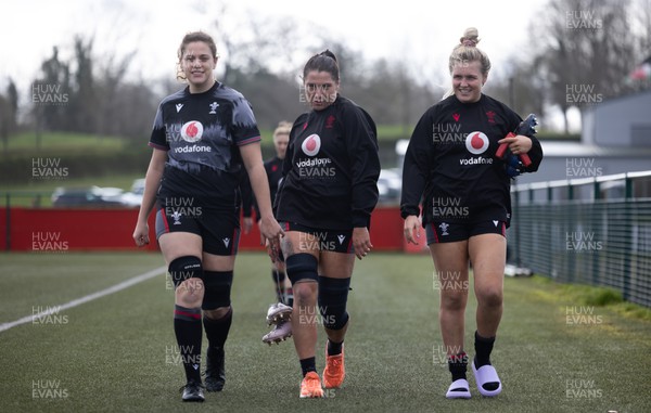 060423 -  Wales Women Rugby Squad Training session - Natalia John, Georgia Evans and Alex Callender during a training session ahead of their TicTok Women’s 6 Nations match against England